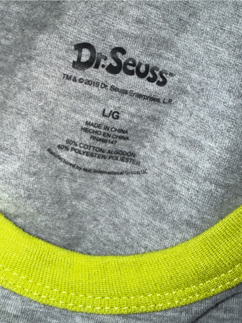 Dr. Seuss Gray Tee with Green Grinch Face and Yellow Eyes - Picture 6 of 6